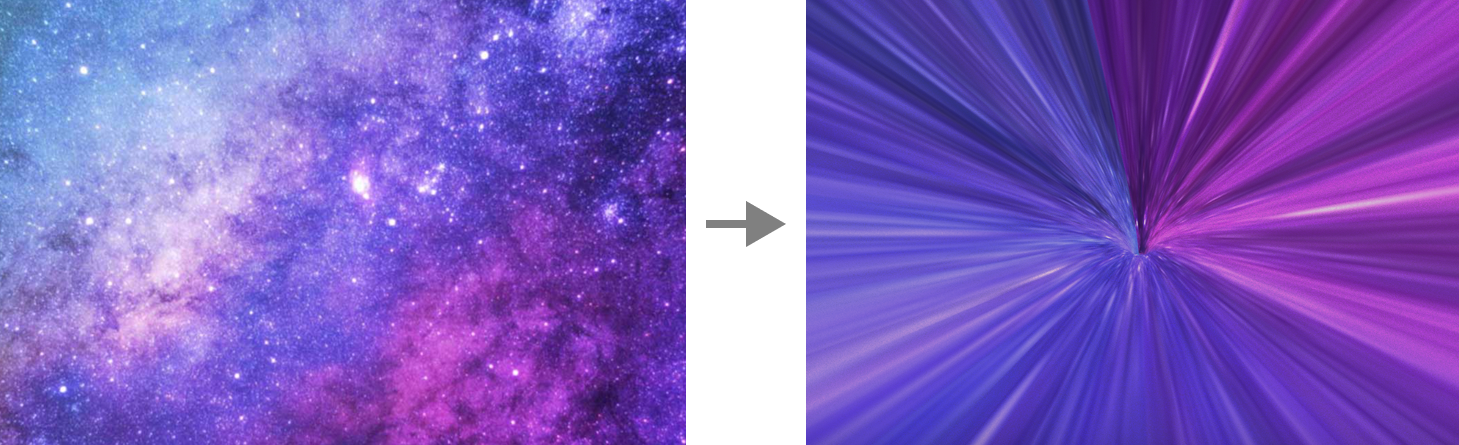Nebula image mapped to a 3D tunnel shape Flat purple nebula image with an arrow pointing to the version mapped to a 3D tunnel shape